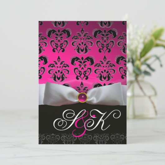WITTE LINT ROZE FUCHSIA ZWART DAMAST MONOGRAM KAART (Staand voorkant)