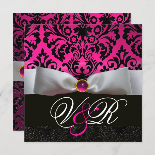 WITTE LINT ROZE FUCHSIA  ZWART  DAMAST MONOGRAM KAART (Voorkant / Achterkant)