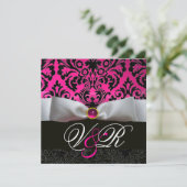 WITTE LINT ROZE FUCHSIA  ZWART  DAMAST MONOGRAM KAART (Staand voorkant)