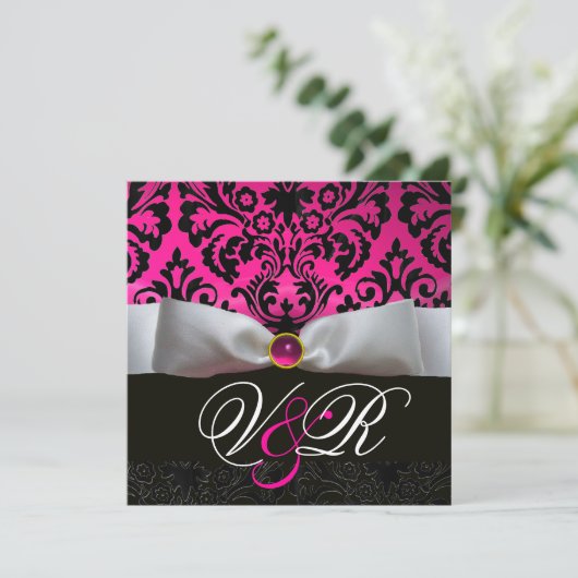 WITTE LINT ROZE FUCHSIA  ZWART  DAMAST MONOGRAM KAART (Staand voorkant)