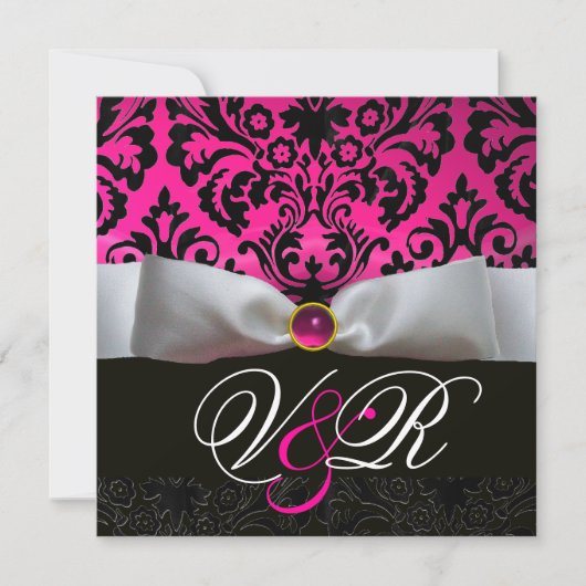 WITTE LINT ROZE FUCHSIA  ZWART  DAMAST MONOGRAM KAART (Voorkant)