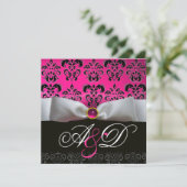 WITTE LINT ROZE PAARS ZWART DAMAST MONOGRAM KAART (Staand voorkant)
