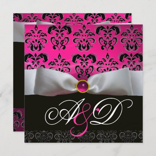 WITTE LINT ROZE PURPER ZWART  DAMAST MONOGRAM KAART (Voorkant / Achterkant)