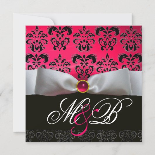 WITTE LINT ROZE ROOD ROBIJN ZWART  DAMAST MONOGRAM KAART (Voorkant)