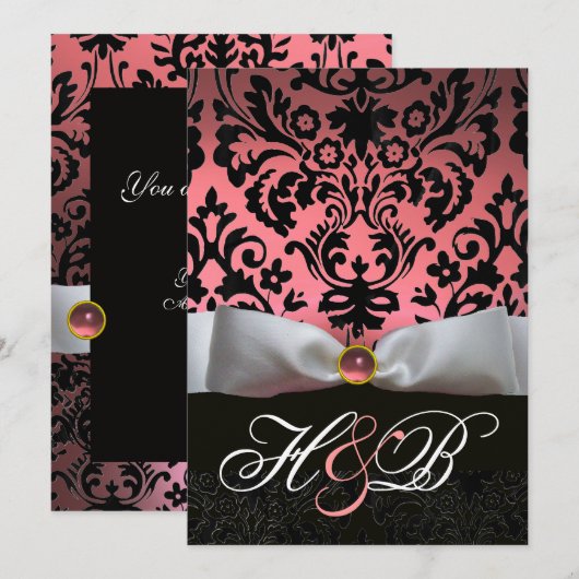 WITTE LINT ROZE  ZWARTE DAMAST MONOGRAM KAART (Voorkant / Achterkant)