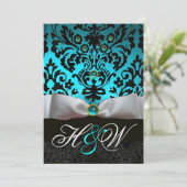 WITTE LINT TEAL AQUA BLAUW ZWARTE DAMAST MONOGRAM KAART (Staand voorkant)