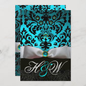 WITTE LINT TEAL AQUA BLAUW ZWARTE DAMAST MONOGRAM KAART (Voorkant / Achterkant)