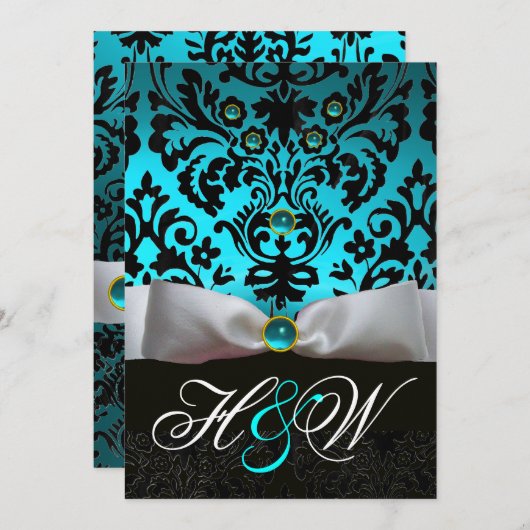 WITTE LINT TEAL AQUA BLAUW ZWARTE DAMAST MONOGRAM KAART (Voorkant / Achterkant)