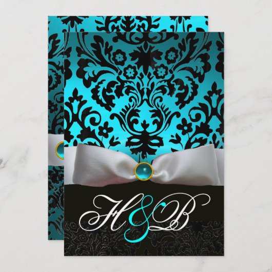 WITTE LINT TEAL AQUA BLAUW ZWARTE DAMAST MONOGRAM KAART (Voorkant / Achterkant)