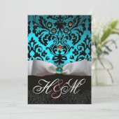 WITTE LINT TURKOOIS ROZE BLAUW ZWART DAMAST MONOGR KAART (Staand voorkant)