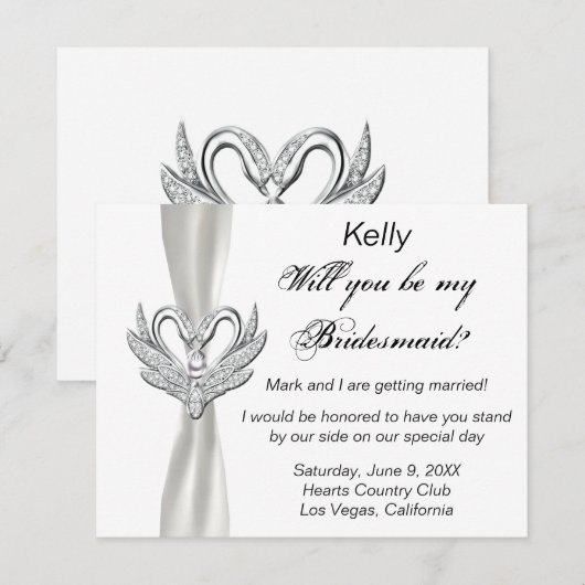 Witte lint zilveren zwanen bruidsmeisje kaart (Voorkant / Achterkant)