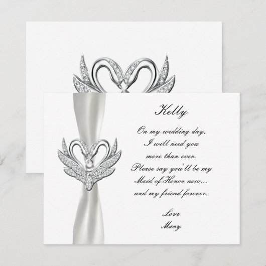Witte lint zilveren zwanen bruidsmeisje kaart (Voorkant / Achterkant)