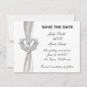 Witte lint zilveren zwanen save the date kaart (Voorkant)