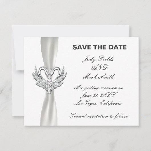 Witte lint zilveren zwanen save the date kaart (Voorkant)