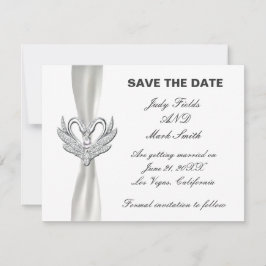 Witte lint zilveren zwanen save the date kaart
