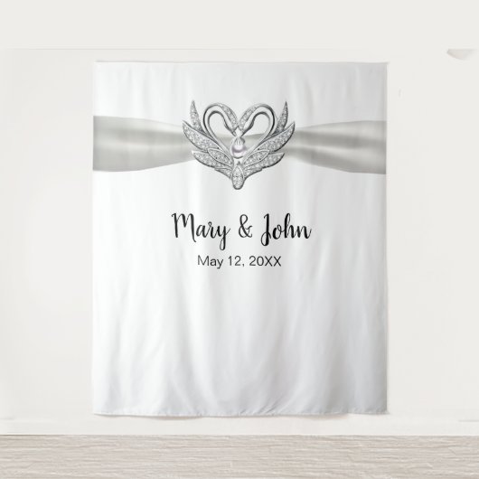 Witte lint zilveren zwanen trouw decoratie achterg wandkleed (Voorkant)