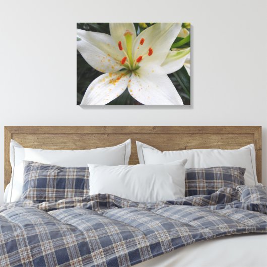 witte lippenbloemen met oranje stuifmeel dat valt canvas afdruk (Insitu (Slaapkamer))