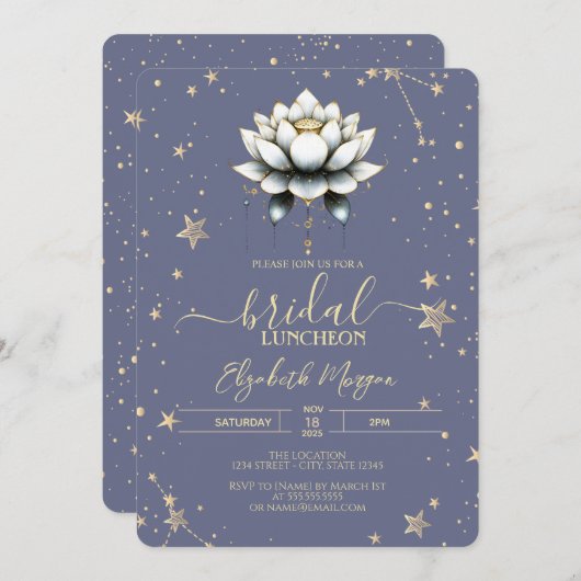 Witte Lotus Celestial Stars Pastel Lavander Bruid Kaart (Voorkant / Achterkant)