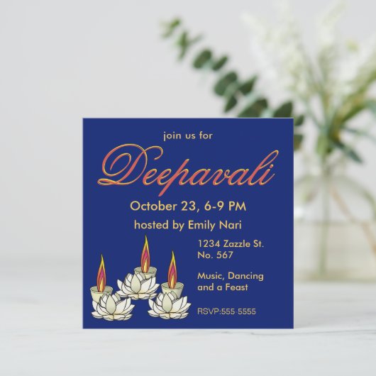 Witte Lotus & Deepas Diwali Uitnodiging (Staand voorkant)