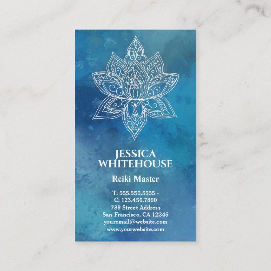 Witte Lotus Flower Blue Waterverf Visitekaartje (Achterkant)