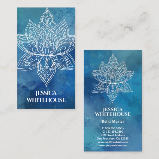 Witte Lotus Flower Blue Waterverf Visitekaartje (Voorkant / Achterkant)