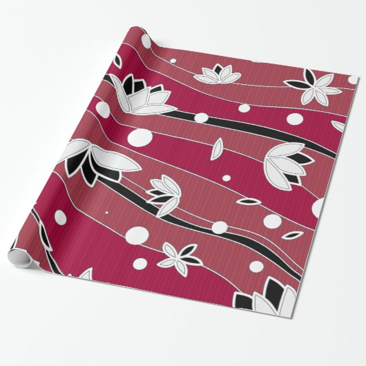 Witte Lotus Flowers op rode strepen Cadeaupapier (Uitgerold)
