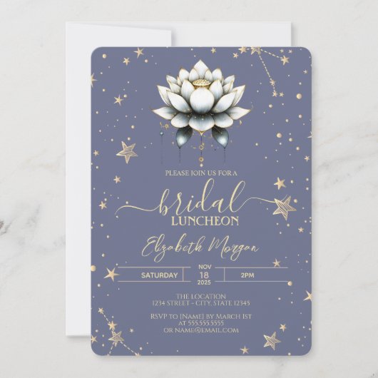 Witte Lotus Hemelse Sterren Pastel Lavendel Bruids Kaart (Voorkant)