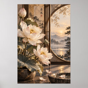 Witte Lotus Maan Poort Berg Zonsondergang Muurkuns Poster