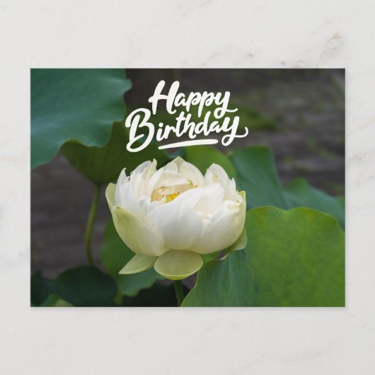 Witte lotus met het woord Happy Birthday Briefkaart (Voorkant)