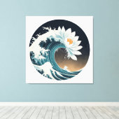 Witte Lotus & Ocean Wave - Elegantie in beweging Canvas Afdruk (Insitu (Houten vloer))