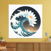 Witte Lotus & Ocean Wave - Elegantie in beweging Canvas Afdruk (Insitu (Woonkamer))
