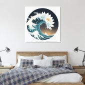 Witte Lotus & Ocean Wave - Elegantie in beweging Canvas Afdruk (Insitu (Slaapkamer))