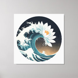 Witte Lotus & Ocean Wave - Elegantie in beweging Canvas Afdruk