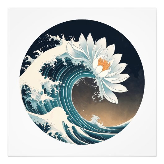 Witte Lotus & Ocean Wave - Elegantie in beweging Foto Afdruk (Voorkant)