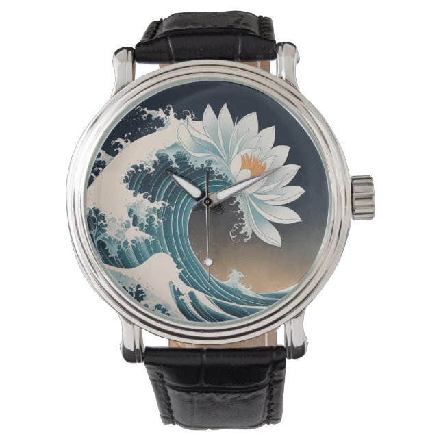 Witte Lotus & Ocean Wave - Elegantie in beweging Horloge (Voorkant)