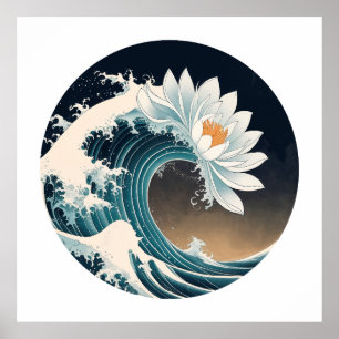 Witte Lotus & Ocean Wave - Elegantie in beweging Poster
