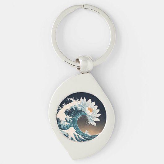 Witte Lotus & Ocean Wave - Elegantie in beweging Sleutelhanger (Voorkant)