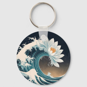 Witte Lotus & Ocean Wave - Elegantie in beweging Sleutelhanger