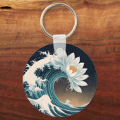 Witte Lotus & Ocean Wave - Elegantie in beweging Sleutelhanger (Voorkant)