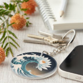 Witte Lotus & Ocean Wave - Elegantie in beweging Sleutelhanger (Voorkant Rechts)