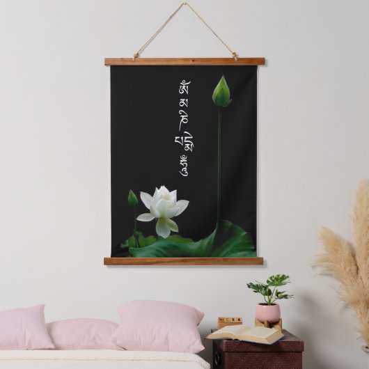 Witte Lotus Om Mani Padme Hum Boeddhistische Mantr Hangend Wandkleed (Slaapkamer)