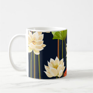 Witte lotus, vis: naadloos patroon. koffiemok