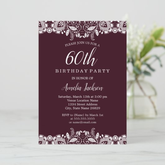  Witte Lozen Burgundy 60th Birthday Party Kaart (Staand voorkant)