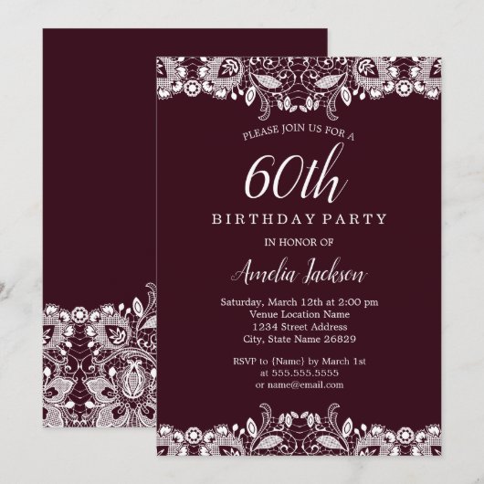  Witte Lozen Burgundy 60th Birthday Party Kaart (Voorkant / Achterkant)