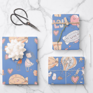 Witte luchtballon schattig paar vogels blauw inpakpapier vel