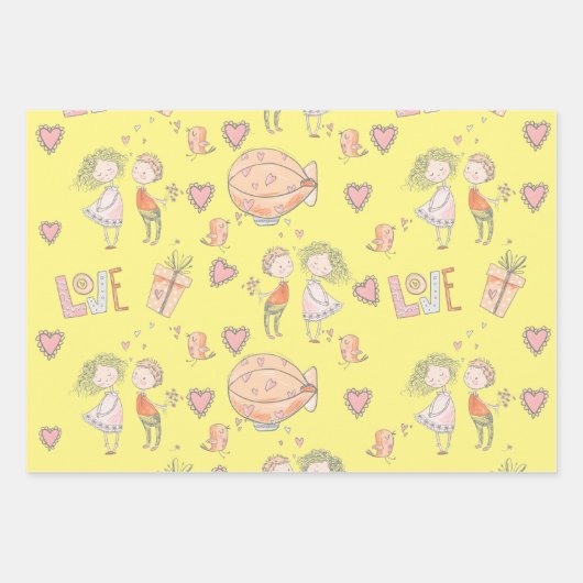 Witte luchtballon schattig stel van vogels inpakpapier vel (Voorkant)