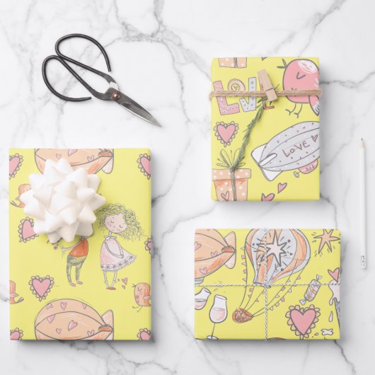 Witte luchtballon schattig stel van vogels inpakpapier vel (Voorkant)