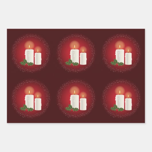 Witte, luie kerstkaarsen op rood met Holly Inpakpapier Vel (Voorkant 2)