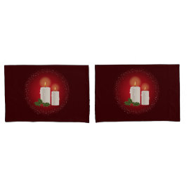 Witte, luie kerstkaarsen op rood met Holly Kussensloop