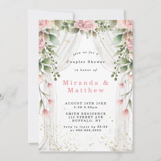Witte Luifel Roze Bloemstuk Bruidspaar Uitnodiging (Voorkant)